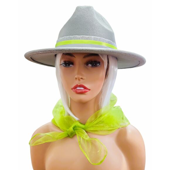 Fedora Hat Gray Women with Gray, Lime & Silver Band along with Small Lime Scarf - Picture 4 of 5